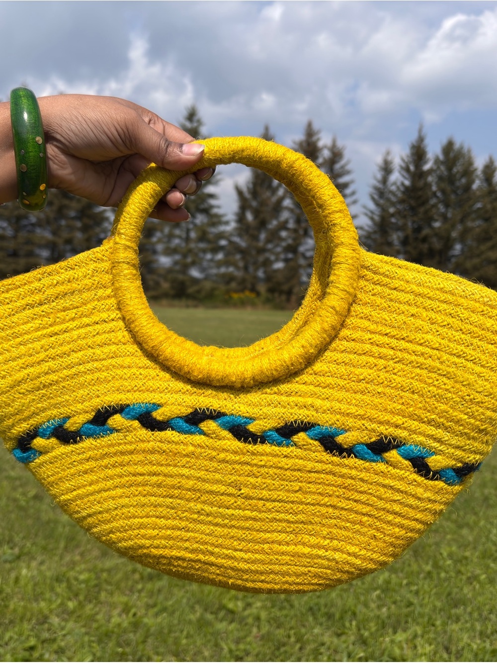 Handwoven Yellow Circle-Handle Straw Tote